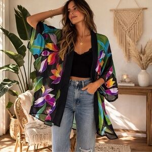 Vintage Silk Kimono Cover Up Colorful Tropical Sheer Cardigan One Size